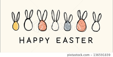 Easter eggs with bunny ears and Happy Easter text. Happy Easter greeting card. Pastel colored eggs with bunny ears and Happy Easter text, celebrating spring holiday Easter eggs with bunny ears and Happy Easter text. Happy Easter greeting card. Pastel colored eggs with bunny ears and Happy Easter text, celebrating spring holiday 136591839