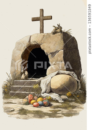 Empty tomb with cross and easter bunnies celebrating resurrection. Easter greeting card. Empty cave, stone rolled away, with cross, bunnies and colorful Easter eggs Empty tomb with cross and easter bunnies celebrating resurrection. Easter greeting card. Empty cave, stone rolled away, with cross, bunnies and colorful Easter eggs 136591849