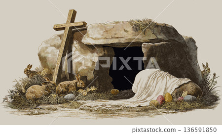 Empty tomb with cross and easter bunnies celebrating resurrection. Easter greeting card. Empty cave, stone rolled away, with cross, bunnies and colorful Easter eggs Empty tomb with cross and easter bunnies celebrating resurrection. Easter greeting card. Empty cave, stone rolled away, with cross, bunnies and colorful Easter eggs 136591850