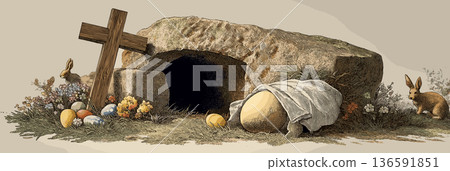 Empty tomb with cross and easter bunnies celebrating resurrection. Easter greeting card. Empty cave, stone rolled away, with cross, bunnies and colorful Easter eggs 136591851