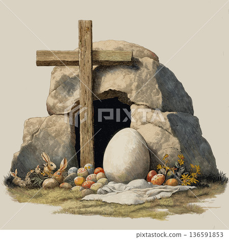 Empty tomb with cross and easter bunnies celebrating resurrection. Easter greeting card. Empty cave, stone rolled away, with cross, bunnies and colorful Easter eggs 136591853