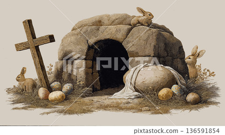 Empty tomb with cross and easter bunnies celebrating resurrection. Easter greeting card. Empty cave, stone rolled away, with cross, bunnies and colorful Easter eggs 136591854