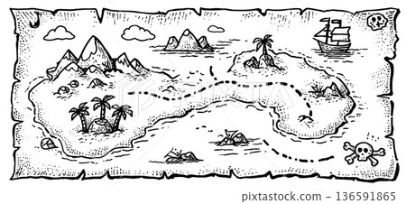 Hand drawn treasure map illustrating pirate island adventure. Hand drawn treasure map showing an island with mountains, palm trees, ships, and marked treasure Hand drawn treasure map illustrating pirate island adventure. Hand drawn treasure map showing an island with mountains, palm trees, ships, and marked treasure 136591865