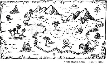 Hand drawn treasure map illustrating pirate island adventure. Hand drawn treasure map showing an island with mountains, palm trees, ships, and marked treasure Hand drawn treasure map illustrating pirate island adventure. Hand drawn treasure map showing an island with mountains, palm trees, ships, and marked treasure 136591866
