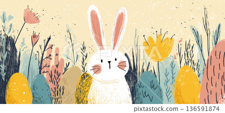 Happy Easter bunny finding colorful eggs in spring field banner. Cute bunny standing among pastel colored Easter eggs and stylized spring plants Happy Easter bunny finding colorful eggs in spring field banner. Cute bunny standing among pastel colored Easter eggs and stylized spring plants 136591874