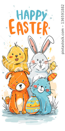 Happy Easter text with cute decorated eggs illustration. Cartoon Easter eggs with smiling faces and festive decorations forming a holiday greeting Happy Easter text with cute decorated eggs illustration. Cartoon Easter eggs with smiling faces and festive decorations forming a holiday greeting 136591882