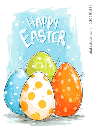 Happy Easter text with cute decorated eggs illustration. Cartoon Easter eggs with smiling faces and festive decorations forming a holiday greeting 136591883