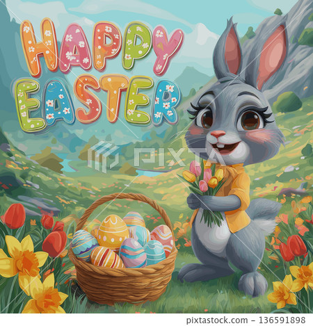 Happy Easter text with smiling bunny holding colorful eggs and tulips. Easter banner. Cute rabbit holding a basket of decorated Easter eggs and spring flowers in blooming landscape Happy Easter text with smiling bunny holding colorful eggs and tulips. Easter banner. Cute rabbit holding a basket of decorated Easter eggs and spring flowers in blooming landscape 136591898