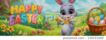 Happy Easter text with smiling bunny holding colorful eggs and tulips. Easter banner. Cute rabbit holding a basket of decorated Easter eggs and spring flowers in blooming landscape 136591899