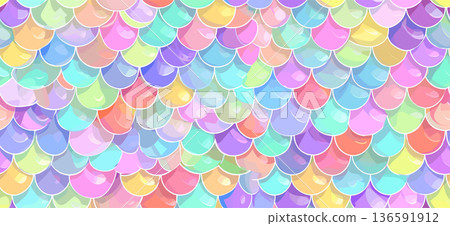 Pastel rainbow mermaid scales seamless pattern background. Cute iridescent texture creating a dreamy fantasy wallpaper for packaging Pastel rainbow mermaid scales seamless pattern background. Cute iridescent texture creating a dreamy fantasy wallpaper for packaging 136591912