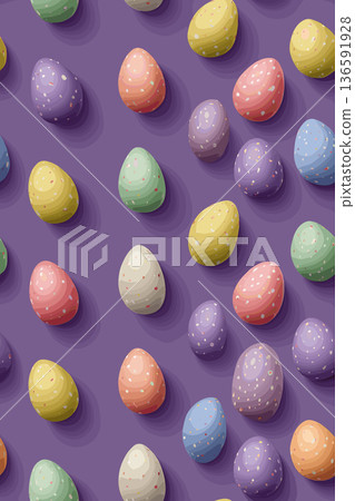 Seamless pattern of colorful pastel Easter eggs on purple. Colorful pastel Easter eggs forming a cute seamless pattern on a purple background 136591928