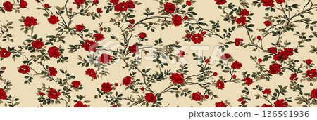 Ottoman inspired vintage floral pattern with repeating red roses. Hand-painted vintage floral pattern showing red roses and green leaves on a cream background 136591936