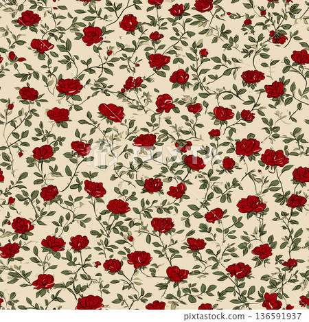 Ottoman inspired vintage floral pattern with repeating red roses. Hand-painted vintage floral pattern showing red roses and green leaves on a cream background Ottoman inspired vintage floral pattern with repeating red roses. Hand-painted vintage floral pattern showing red roses and green leaves on a cream background 136591937