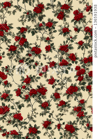 Ottoman inspired vintage floral pattern with repeating red roses. Hand-painted vintage floral pattern showing red roses and green leaves on a cream background Ottoman inspired vintage floral pattern with repeating red roses. Hand-painted vintage floral pattern showing red roses and green leaves on a cream background 136591938