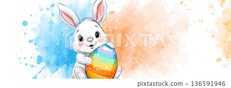White rabbit holding colorful Easter egg, watercolor splash background. White rabbit holding a brightly striped Easter egg against a vibrant watercolor splash background White rabbit holding colorful Easter egg, watercolor splash background. White rabbit holding a brightly striped Easter egg against a vibrant watercolor splash background 136591946