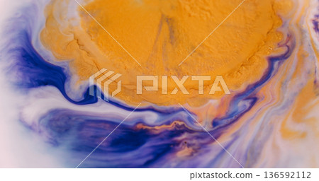 Wet blob defocused. Paint spill. Yellow round fluid drop explosion blend color on purple white background. Abstract watercolor splash. 136592112