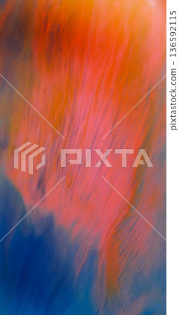 Ink flow defocused. Watercolor spread. Orange pink wave pigment spill on blue background. Vivid dye abstract dissolving in color emulsion. 136592115
