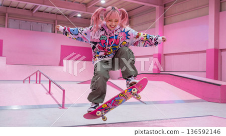 一個女孩在滑板上表演特技 136592146