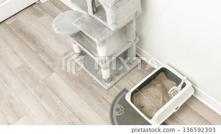 Cat care room featuring a gray cat tree and a litter box with a mat on a wooden floor in a well-lit indoor space 136592303