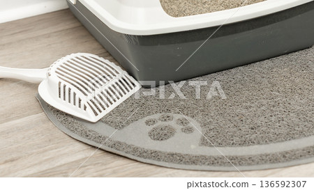 Cat litter box with gray mat and scoop, featuring paw print design, placed on wooden floor in a clean indoor setting 136592307