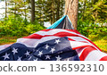 American flag draped over a hammock in a forest setting, surrounded by lush greenery and tall trees on a sunny day 136592310