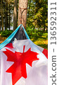 Canadian flag draped over a hammock in a forested area, showcasing vibrant greenery and a serene lake in the background 136592311
