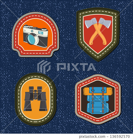 Set of Scout badge with compass, camping mug, pine cone, travel backpack, crossed axes. Vector. Merit patch, sticker for camping outdoor and academic activities Set of Scout badge with compass, camping mug, pine cone, travel backpack, crossed axes. Vector. Merit patch, sticker for camping outdoor and academic activities 136592570