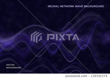 Neural network wave background with flowing particle surfaces and smooth dynamic lines. Vector abstract futuristic digital composition with depth, motion and soft glowing dots. For artificial Neural network wave background with flowing particle surfaces and smooth dynamic lines. Vector abstract futuristic digital composition with depth, motion and soft glowing dots. For artificial 136592574
