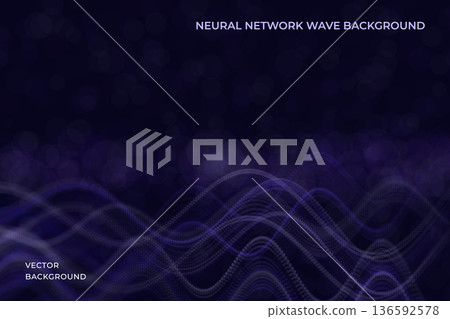 Neural network wave background with flowing particle surfaces and smooth dynamic lines. Vector abstract futuristic digital composition with depth, motion and soft glowing dots. For artificial 136592578