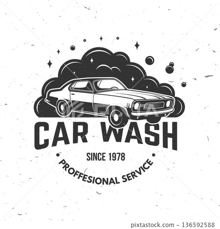Car wash logo, emblems, badges and icons. Vector. Template for car wash logo, cleaning car, washing and service with cleaning equipment. 136592588