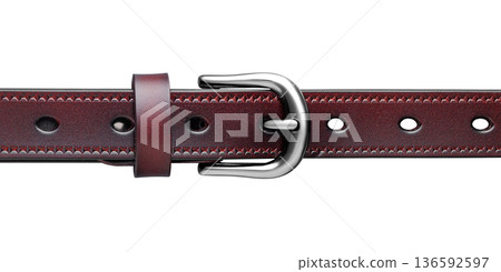 Close-Up of Burgundy Leather Belt with Metal Buckle Close-Up of Burgundy Leather Belt with Metal Buckle 136592597