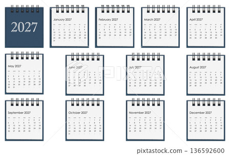 Full 2027 year desktop calendar set isolated on white. Annual business planning and schedule concept 136592600