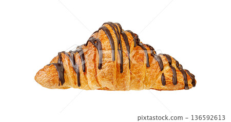 Freshly baked croissant drizzled with chocolate glaze isolated. Sweet French pastry dessert 136592613