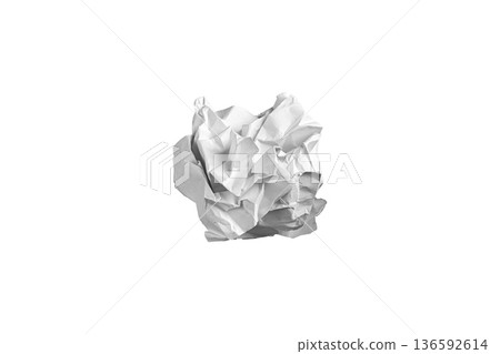 Macro of crumpled white paper scrap isolated on white. Detailed wrinkled paper texture isolate. 136592614