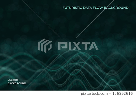 Abstract technology wave background with flowing particle surfaces and smooth dynamic lines. Vector. Futuristic digital composition with depth, motion and soft glowing dots. For presentations 136592616