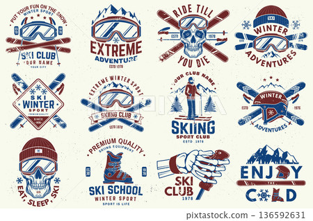 Set of ski winter sport retro badge. Vector. Concept for shirt, print, seal or stamp with ski glasses, skull, skeleton hand holding ski pole. Family vacation, activity or travel. For logo design Set of ski winter sport retro badge. Vector. Concept for shirt, print, seal or stamp with ski glasses, skull, skeleton hand holding ski pole. Family vacation, activity or travel. For logo design 136592631