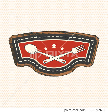 Scout badge with fork and spoon. Vector. Merit patch, sticker for camping outdoor and academic activities Scout badge with fork and spoon. Vector. Merit patch, sticker for camping outdoor and academic activities 136592633