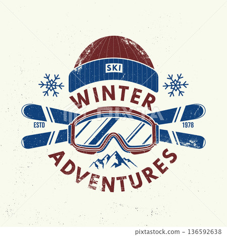 Winter adventures. Vector ski club retro badge, textile patch. Concept for shirt, print, seal or stamp with mountain, ski glasses, winter sport hat. Family vacation, activity or travel. For logo Winter adventures. Vector ski club retro badge, textile patch. Concept for shirt, print, seal or stamp with mountain, ski glasses, winter sport hat. Family vacation, activity or travel. For logo 136592638