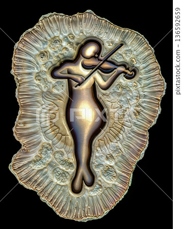 Abstract violinist in metallic relief.  Abstract metallic relief depicting a violinist, set against a dark background.  136592659