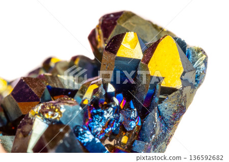 Macro mineral stone Titanium Quartz, Flame Aura Quartz on a white background 136592682