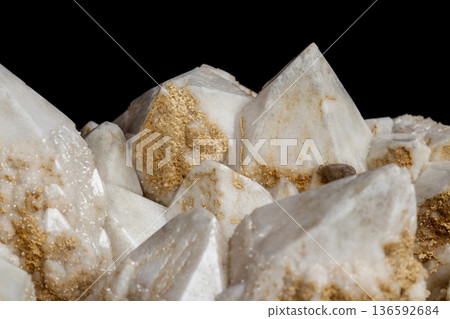 Macro mineral stone Snow quartz with calcite on a black background Macro mineral stone Snow quartz with calcite on a black background 136592684