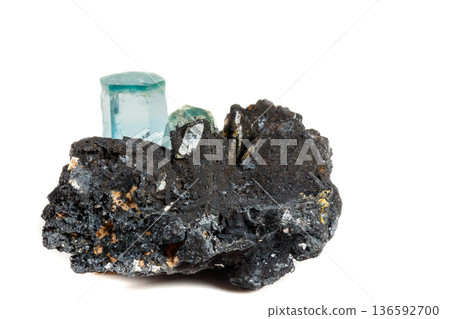 Macro mineral stone Aquamarine and black tourmaline, Schorl on a white background 136592700