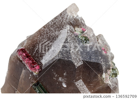 Macro mineral tourmaline stone in quartz on a white background 136592709
