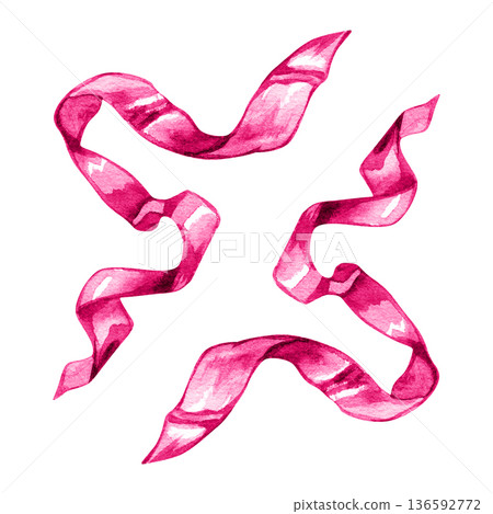 Hand-painted watercolor decorative elements featuring flowing magenta silk ribbons. These vibrant curled tapes with soft textures and graceful movements are perfect for festive holiday designs, luxury Hand-painted watercolor decorative elements featuring flowing magenta silk ribbons. These vibrant curled tapes with soft textures and graceful movements are perfect for festive holiday designs, luxury 136592772