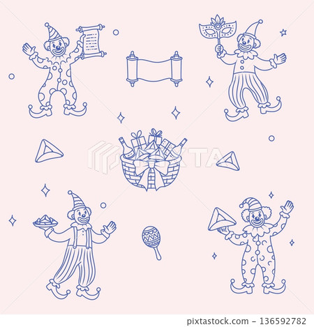 Clown in costumes and hamans ears cookies vector. Clown in costumes and hamans ears cookies vector. 136592782