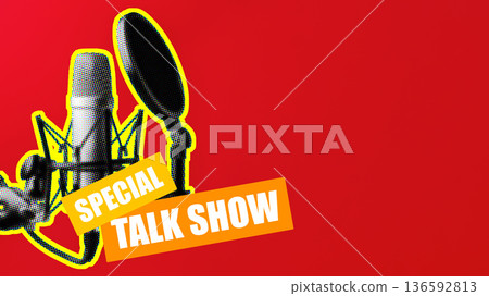 Podcast special talk show with a microphone on a red background 136592813