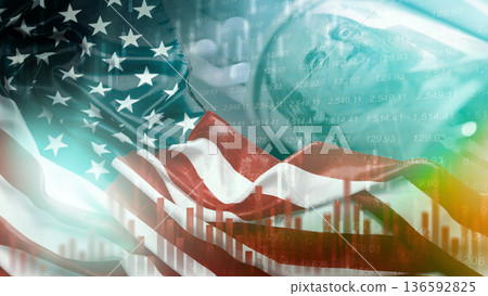 Stock market trends with American flag and financial data visualization at sunset Stock market trends with American flag and financial data visualization at sunset 136592825