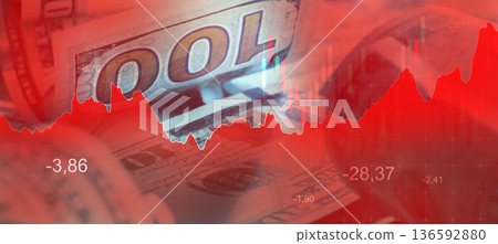 Stock market downturn with financial data and hundred dollar bills present 136592880