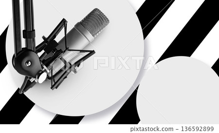 Podcast setup with microphone on black and white background for recording audio content 136592899