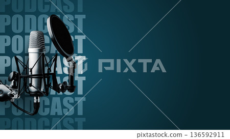 Podcast microphone and equipment set up for recording audio content in studio setting 136592911